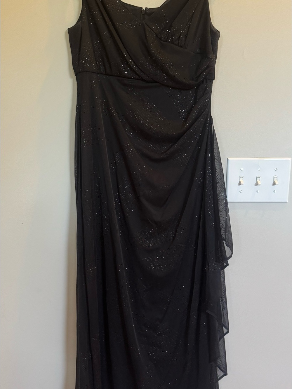 R&M Richards Black Sparkle Draped Chiffon Maxi